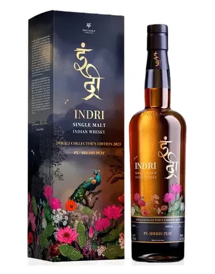 Indri Diwali Collector’s Edition 2023 bottle with peacock and florals artwork box