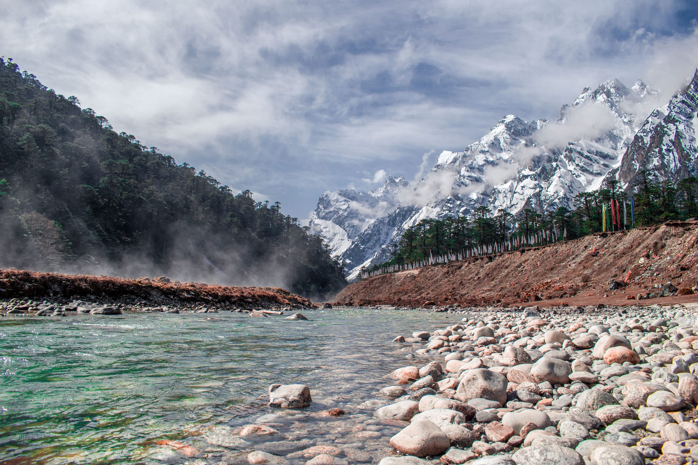 Himalayan foothills — a glacial river winding through a valley beneath snow-wrapped peaks